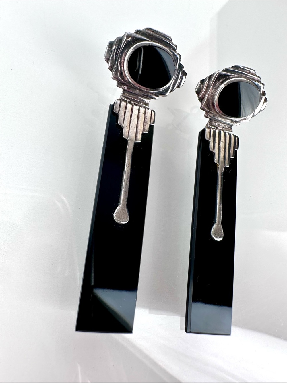 Vintage 925 Sterling Silver Black Onyx Art Deco Architectural Earrings - Picture 5 of 12